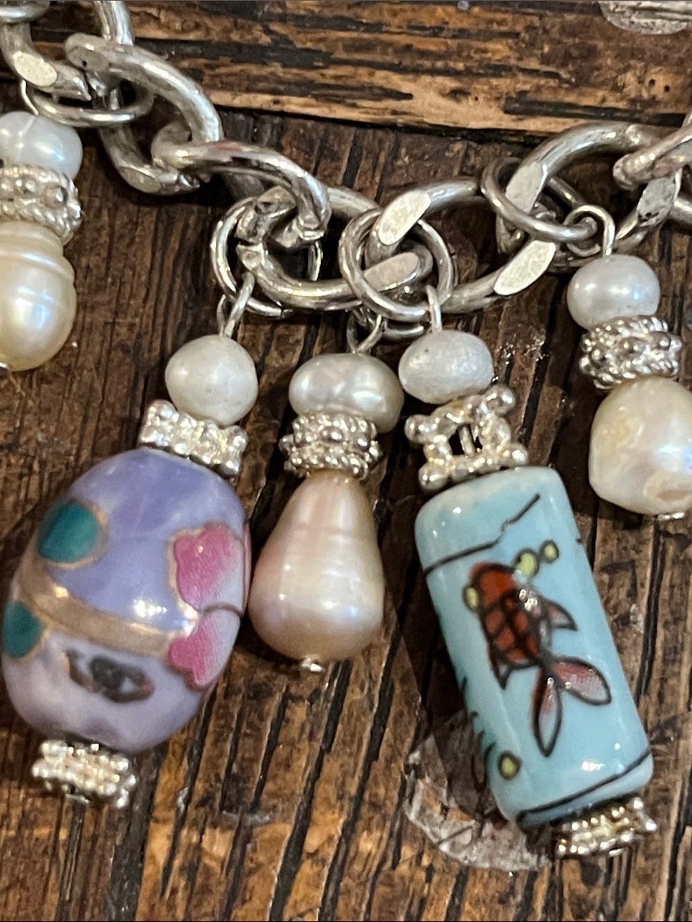 Artisan freshwater Pearl Charm Bracelet -cloisonné/enamel /milifori /charms - Picture 3 of 13
